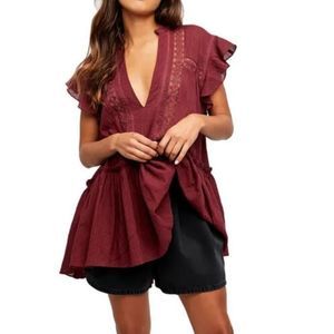 Free People Baby Blues Burgundy Oversized Boho Tunic Top